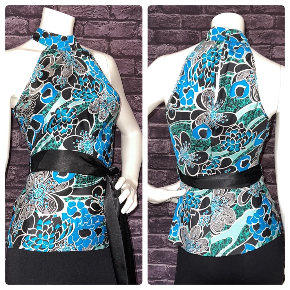 RARE SILK Forever 21 Blue Black Floral Sleeveless Top with Satin Tie Belt, XS